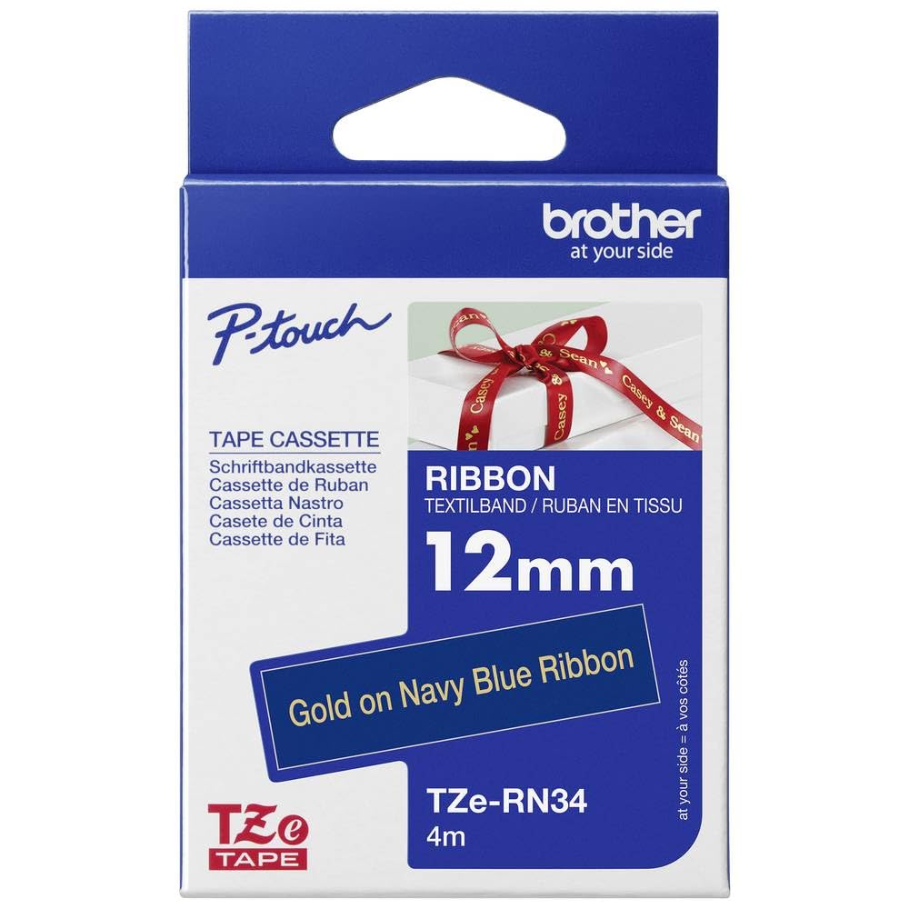Brother TZe-RN34 Labelling Tape Cassette, Gold on Navy Blue, 12 mm (W) x 4M (L), Ribbon Tape, Brother Genuine Supplies — image 1