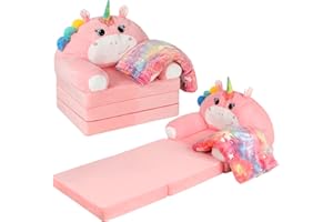 Burbell Toddler Chairs Comfy Unicorn Toddler Couches That Fold Out with Blanket 2-in-1 Kids Fold Out Couch Velvet Child Foldable Convertible Sofa to Lounger for 1-7 Years Old (Pink)