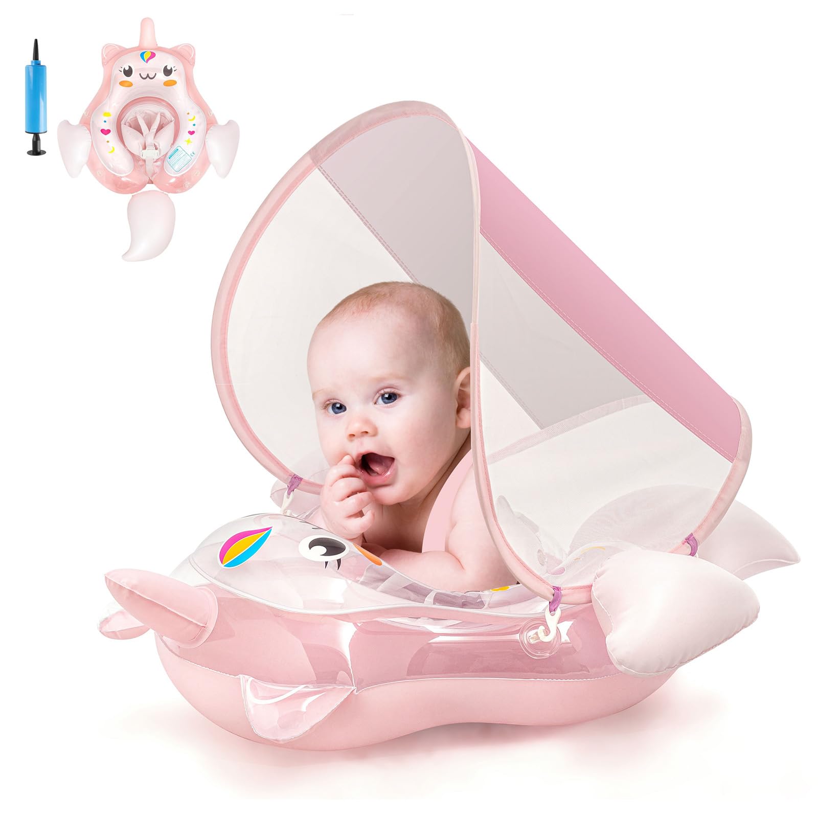 Unicorn Inflatable Baby Float with Canopy 3-6-12 Months Baby Girl Infant Toddler Baby Pool Float Baby Swimming Float Ring, Baby Inflatable Seat Swimming with Shade Canopy for 6-12-18-36 Months Pink — image 1