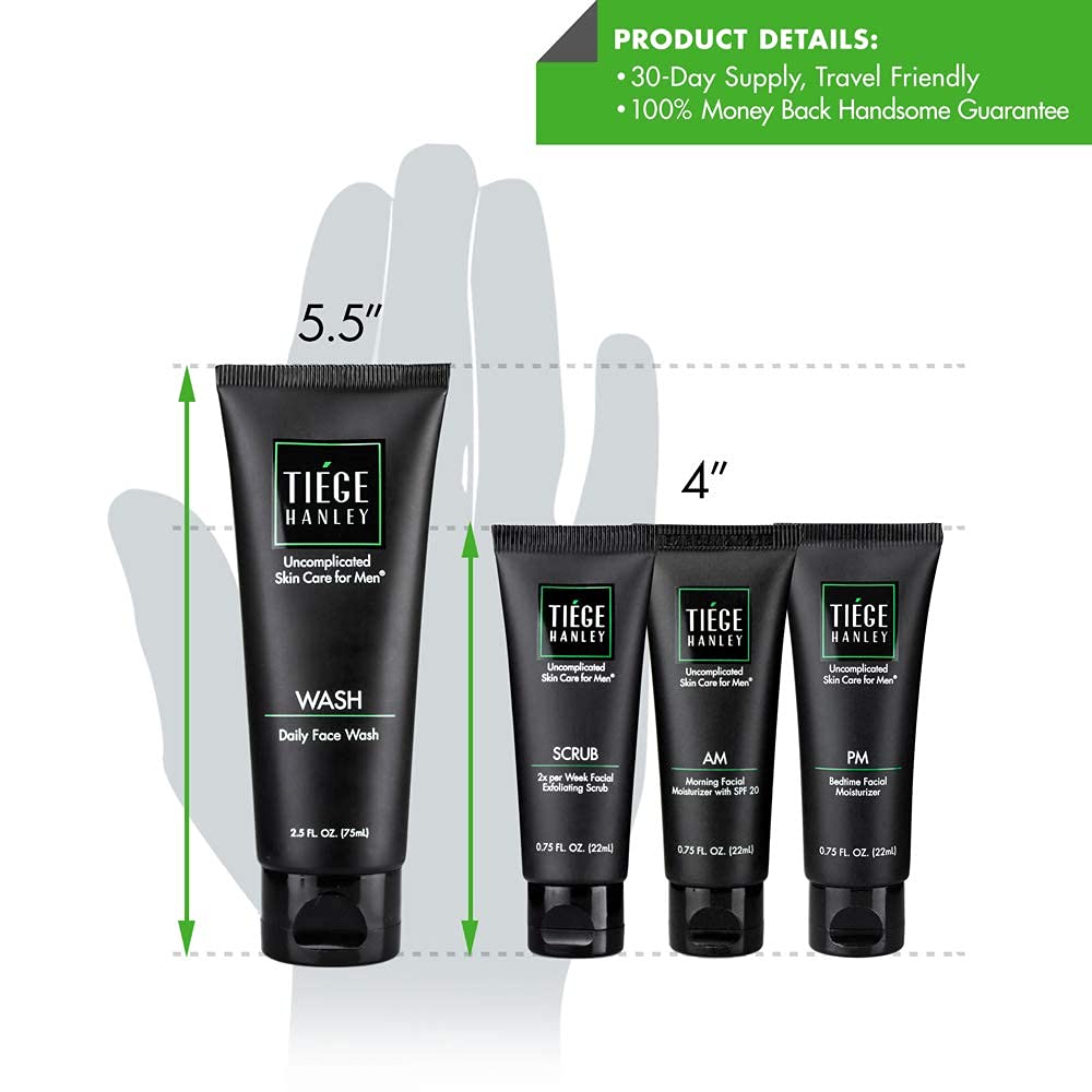 Tiege Hanley Men’s Skin Care System - Level 1 | Mens Routine Product Set: Face Wash, Morning Moisturizer, Exfoliating Face Scrub, Night Moisturizer | Cleanse, Tighten & Hydrate Your Best Looking Skin: Clothing