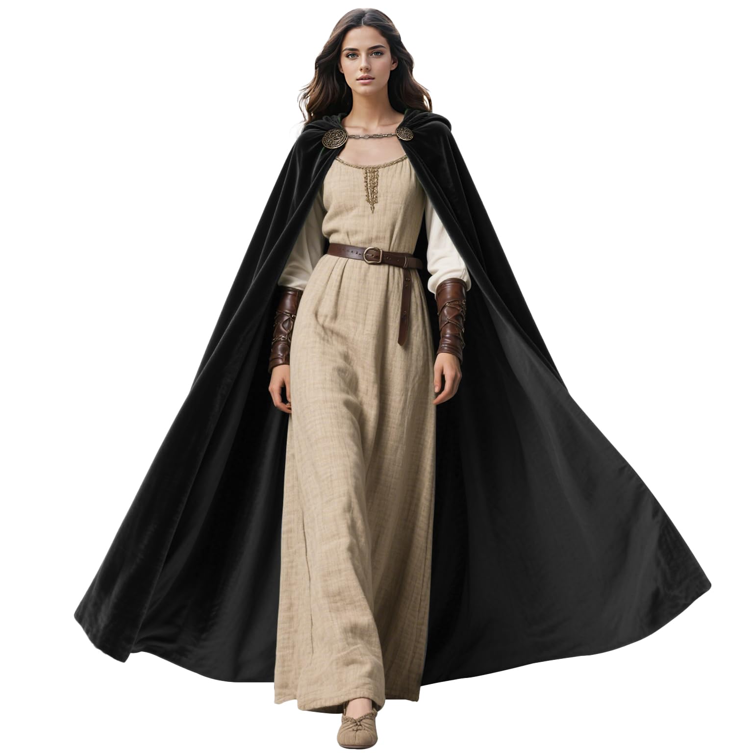 keland Medieval Hooded Cloak Cape Robe for Halloween Cosplay with Viking Tortoise Brooches (Black)