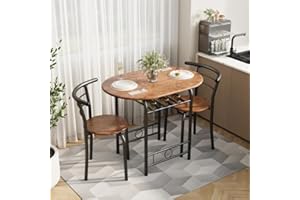 Shahoo 3-Piece Wooden Dining Table Set, Kitchen Breakfast Nook Sets with 2 Chairs & Round Tabletop, Space Saving Furniture Metal Frame and Built-in Wine Rack, Brown