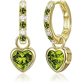 Heart Birthstone Dangle Drop Earrings for Women: 925 Sterling Silver Hypoallergenic Huggie Earrings with Dainty 5A CZ, Trendy Jewelry Valentine Anniversary Birthday Gifts for Her Wife Girlfriend Mom