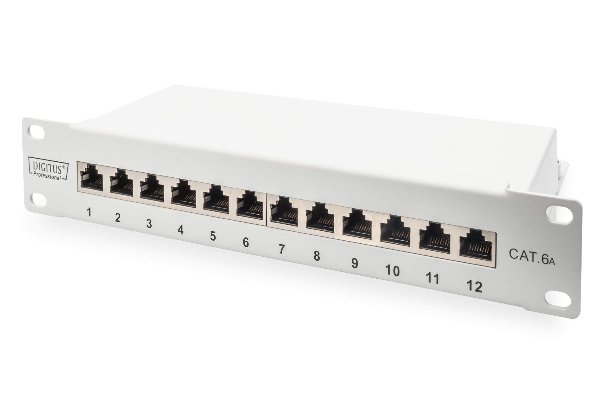 DIGITUS Cat 6A patch panel - 12 ports - RJ45 jacks - 10-inch rack mount 1 rack unit - LSA distribution field - shielded - gray