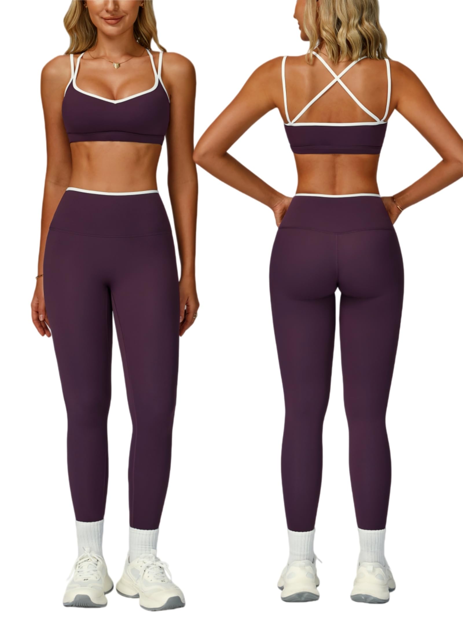 Photo 1 of ABOCIW Workout Sets for Women 2 Piece Gym Set Color Block Strappy Sports Bra High Waist Tummy Control Leggings Yoga Pilates Outfits Athletic Work Out Clothes Plum Purple Small