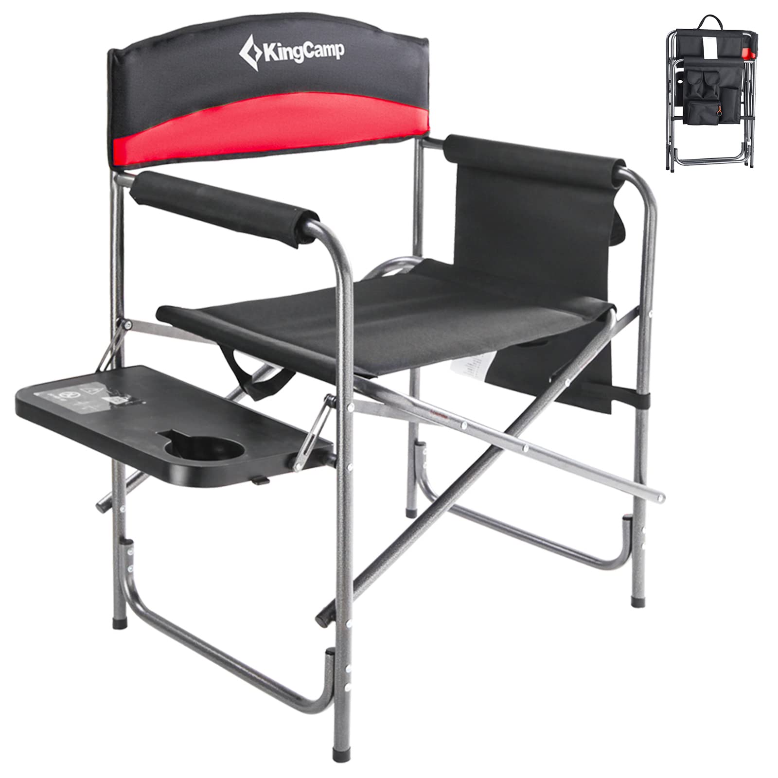 KingCamp Oversized Directors Camping Chairs for Adults, Up to 180 kg (400 lbs) Heavy Duty Folding Directors Chair, Portable Outdoor Camping Chair with Side Table & Pockets, Padded Armrests, Red