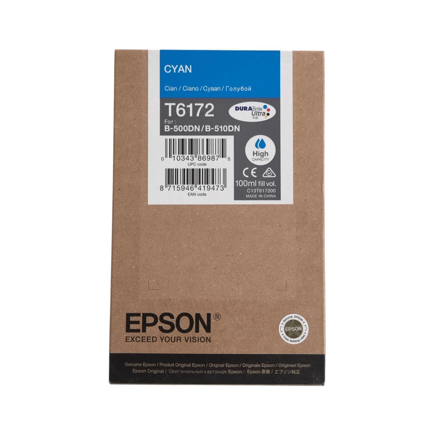 Epson T6172 B-500DN High Capacity Ink Cartridge, Cyan, Genuine
