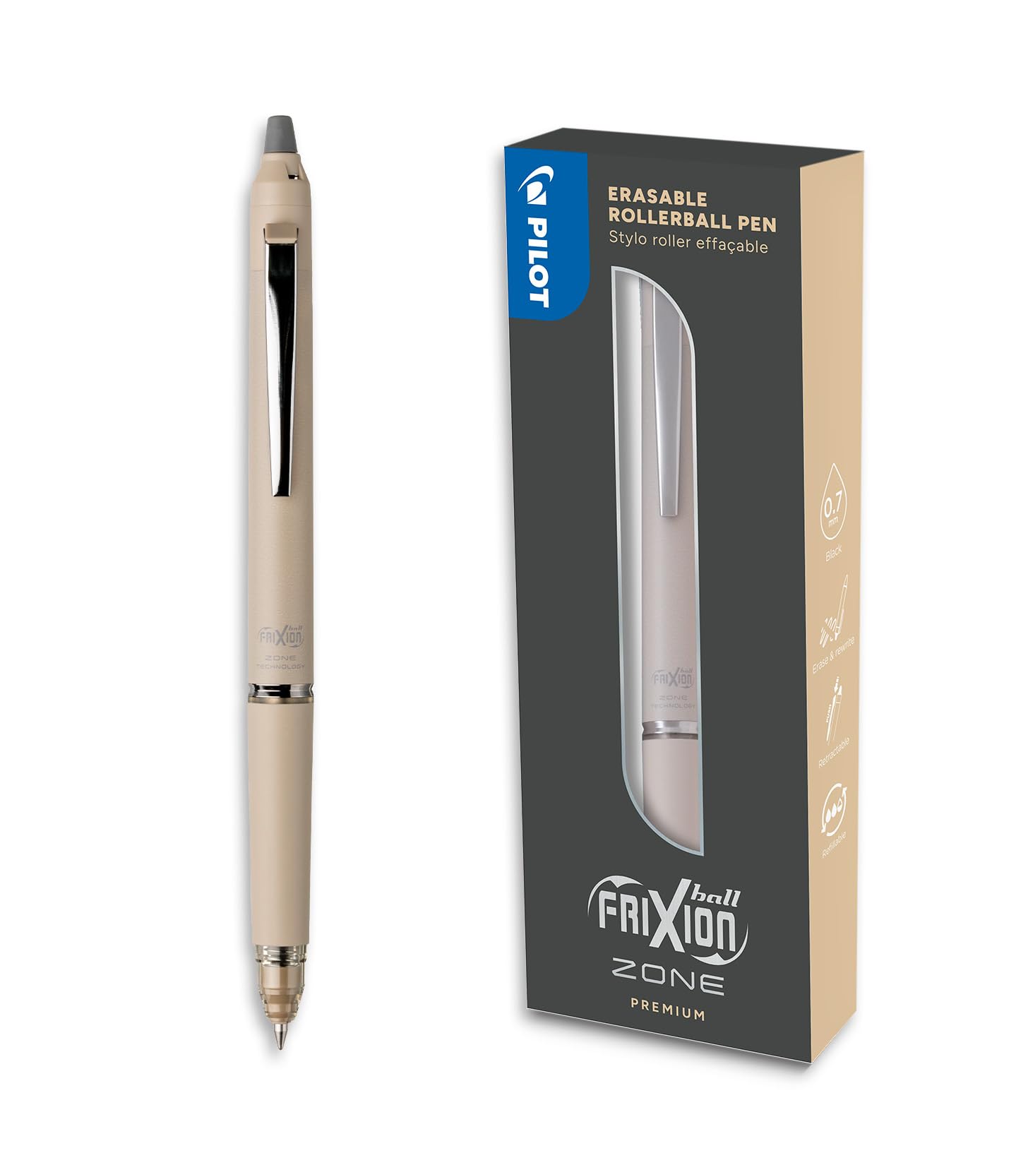 PILOT - Frixion Ball Zone Beige in Gift box - Premium erasable retractable pen with thermosensitive ink - Refillable and ergonomic roller pen - Black ink - Medium tip