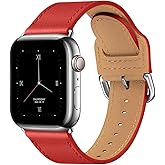 POWER PRIMACY Leather Bands Compatible with Apple Watch Band 49mm 46mm 45mm 44mm 42mm-Series 3 2 1,Genuine Leather Strap Compatible for Women Men iWatch Ultra SE Series 11 10 9 8 7 6 5 4(Red/Silver)