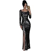 Rvzcn Mermaid Sequin Prom Dresses for Women 2026 Long Sleeve Sparkly Formal Evening Dress with Slit