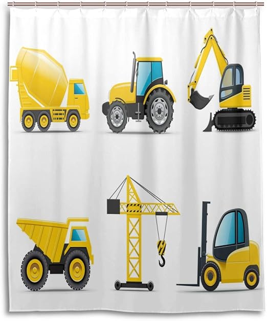 Boy S Room Shower Curtain Cartoon Style Heavy Machinery Truck Crane Digger Mixer Tractor Construction Fabric Bathroom Decor Set With Hooks 60 By 72 Inches Yellow Grey Amazon Ca Home Kitchen