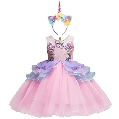 IMEKIS Mädchen Party Einhorn Kleid Kinder Ärmellos Geburtstag Festzug Tutu Prinzessin Rüsche Cosplay Hochzeit Partykleid mit 