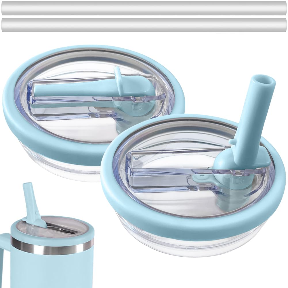 Photo 1 of 2 Pack Flip Straw Leak Proof Lid for Stanley 40 oz Tumbler Quencher - Reusable Spill Proof Lid Top Cover Stanley 40oz Cup Accessories - Replacement of Leaking Original Stanley Lids - Sky Blue