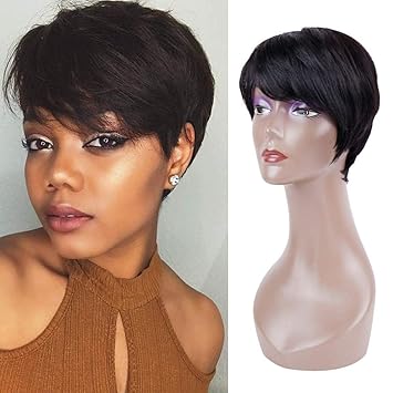 Queentas Pixie Cut Kurze Echthaarperucken Mit Freiem Seitenteil Pony Fur Schwarze Frauen Natural Black 1b Amazon De Beauty