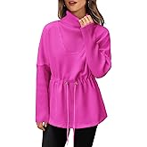 Fisoew Women's Turtleneck Sweatshirts Fleece Drawstring Waist Casual Long Sleeve Pullover Sweater Side Slit Tunic Tops