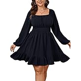 SHESTARR Womens Plus Size Dress Long Lantern Sleeve Square Neck Elastic Waist A-Line Mini Short Dress