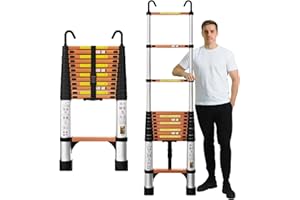 EVASTAR HOME EvaStar 12.5FT Telescoping Ladder, Aluminum Lightweight Extension Ladder w/Hooks & Stabilizers, 330lbs Capacity Collapsible Ladders, Extension Telescopic Ladder for Home, Outdoor, RV - Orange & Silver