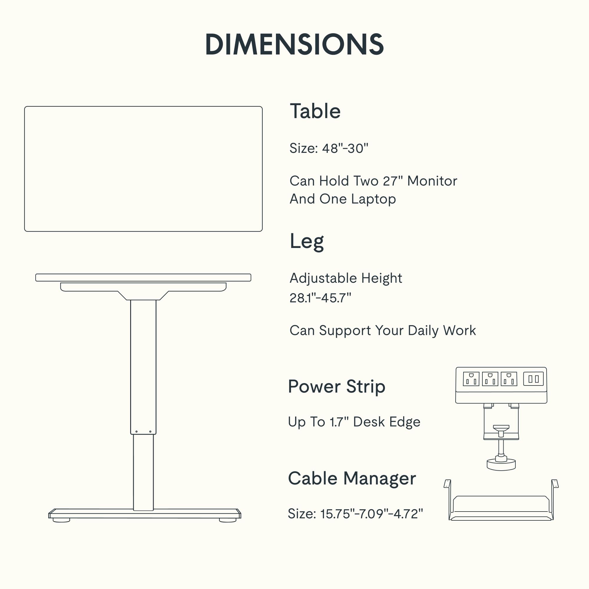 FLEXISPOT EN2 Whole-Piece Standing Desk with Clamp Power Strip, 48 x 30 Electric Stand Up Height Adjustable Desk with Cable Management (White Frame + 48