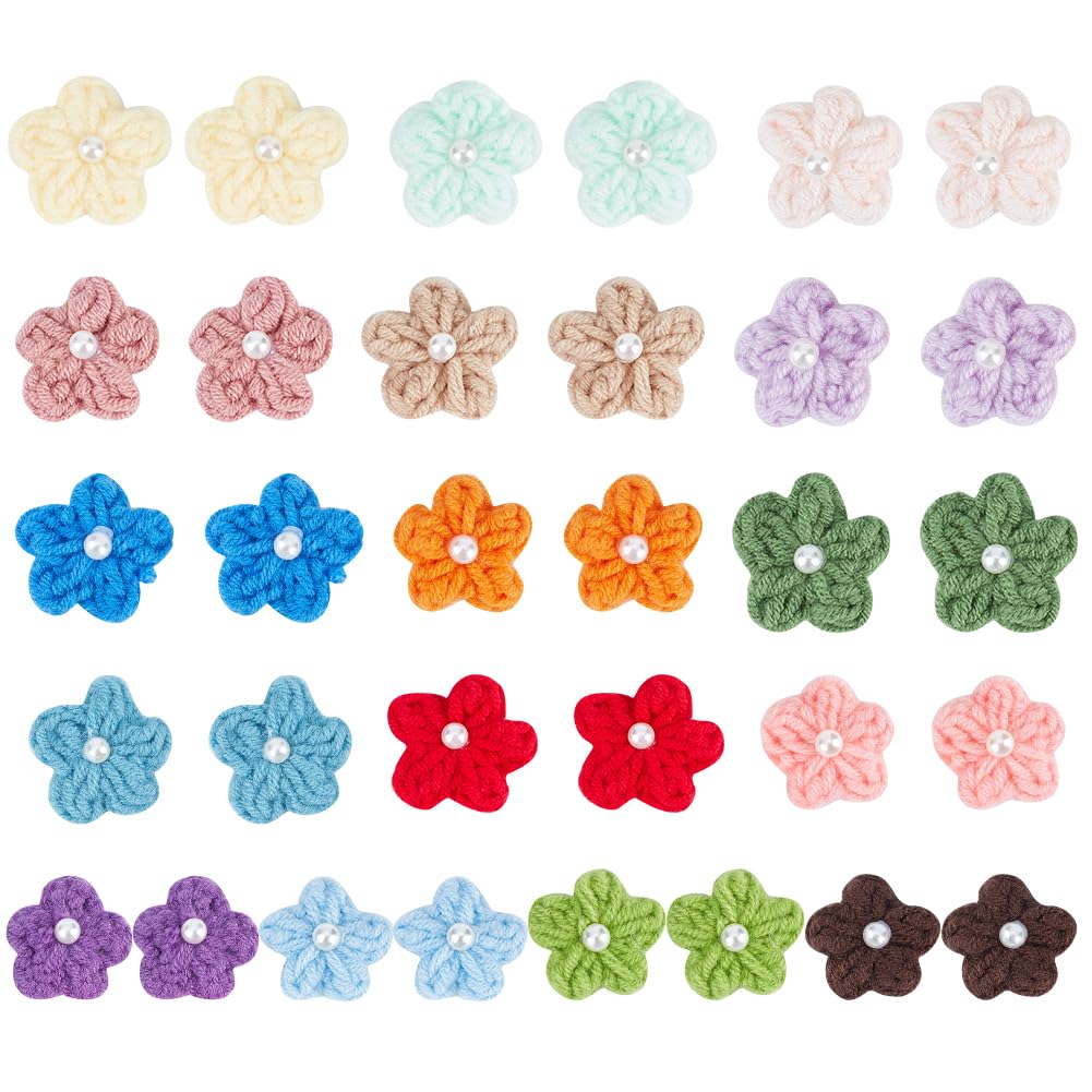 FINGERINSPIRE 28PCS Crocheted Flower Appliques 14 Colors DIY Sewing Appliques Embellishments with Small Pearls Crochet Floral Applique Handmade Crocheted Embellishments for Clothes Dress Hats Bags