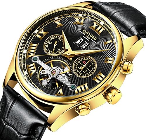 GOHUOS Men's Leather Auto Date Week Month Calendar Automatic Self Wind Mechanical Wrist Watches