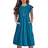 HOSIKA Girls Summer Ruffle Short Sleeve Crew Neck Loose Casual Flowy Tiered Short Dress with Pockets for 6-12 Y