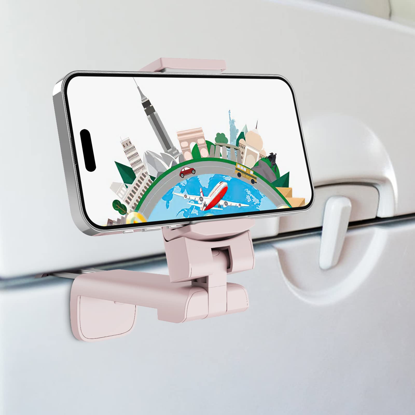 Airplane Phone Holder - Klearlook 4 in 1 Adjustable Phone Stand for Travel,360 Rotation Handsfree Viewing Flight Phone Holder,Foldable Travel Essentials,Accessory for Flying/Traveling/Home/Office-Pink