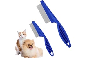 NADUSEP Pet Hair Comb, 2-in-1 Multifunctional Stainless Steel Pet Grooming Comb for Dog and Cat for Flea, Tear Stain Removal, and Dehairing Dogs and Cats' Face, Paws, and Body (Blue)