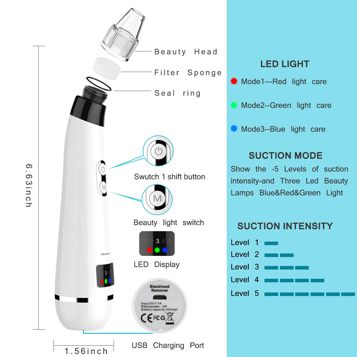 Blackhead Remover Pore Vacuum, Rechargeable Electric Facial Acne Cleaner Tool & 5 Probes Microcrystalline & Facial Massage Rolling Head for Eye Nose Face Skin Acne Comedone Extractor