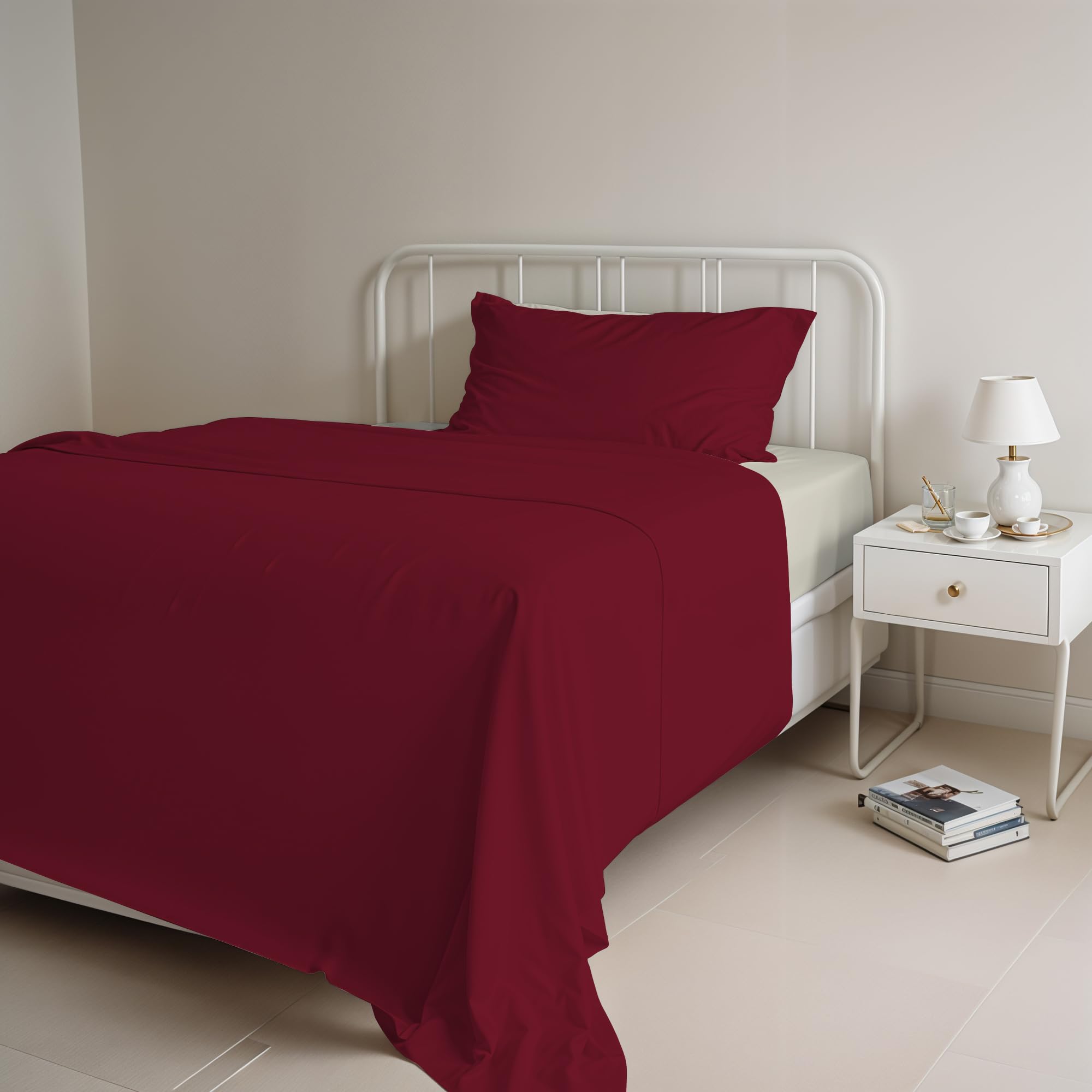 Italian Bed Linen “ Natural Color” Bed Linen Set, Cotton, Burgundy/Cream, Small Double