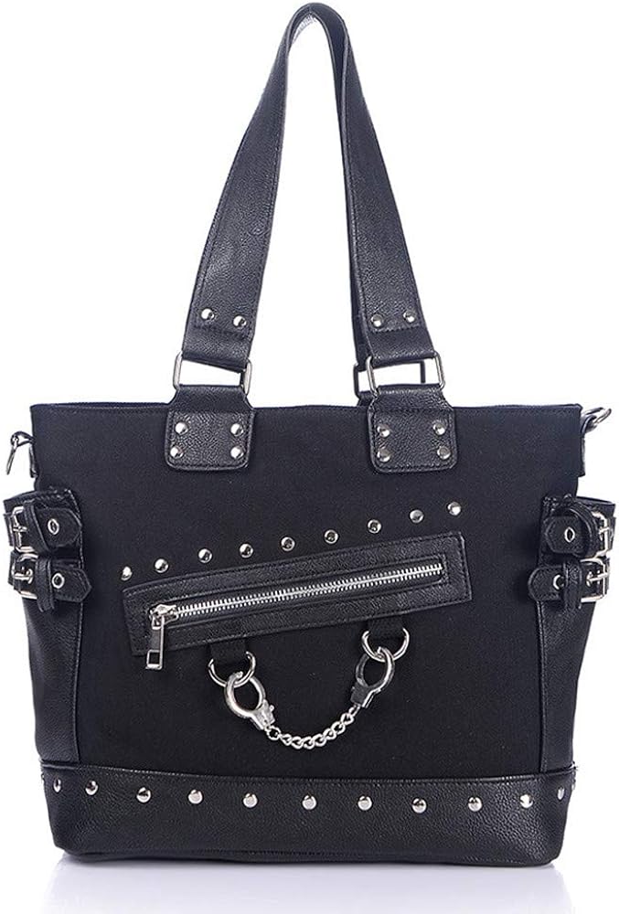 KEEPOP Women Fashion Rivet Handbag Purse Canvas Punk Tote with Shoulder Strap Crossbody Bag Large Capacity Black - Image 3