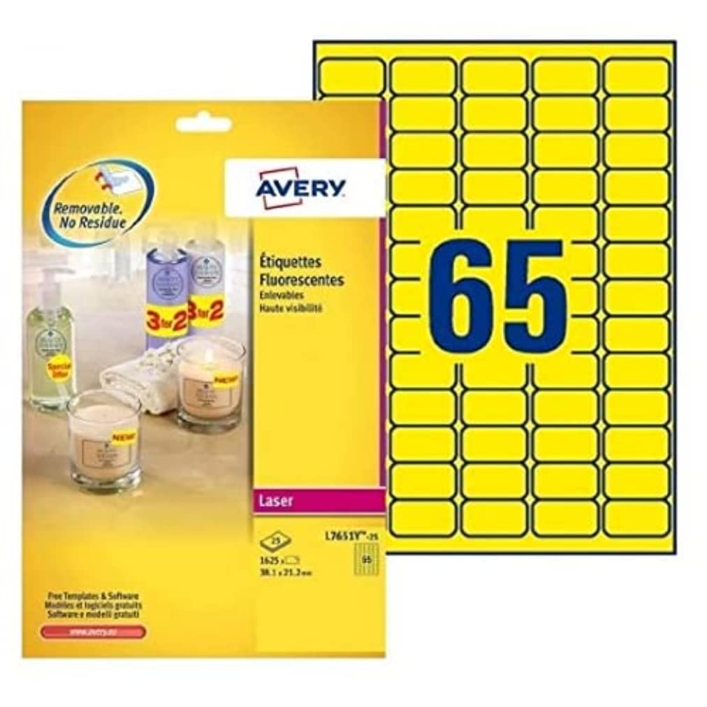 Avery L7651Y-25 Printable, Customisable Removable Neon Yellow Labels, 65 Labels Per A4 Sheet, 21,2 x 38,1 mm
