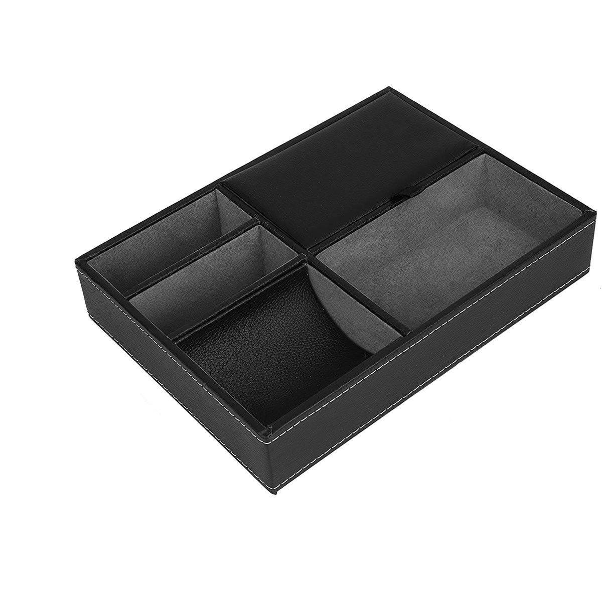 Copiel Valet Tray Leather, Mens Black 5 Compartment Dresser Wallet Cards Office Desk Jewellery Storage Organiser Box For Keys, Phone, Wallet, Coin