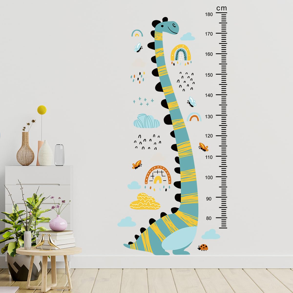 fanquare Green Dinosaurs Height Charts Wall Stickers with Rainbow Cloud, Removable Vinyl Wall Decals Art Decor for Kids Bedroom Baby Nursery