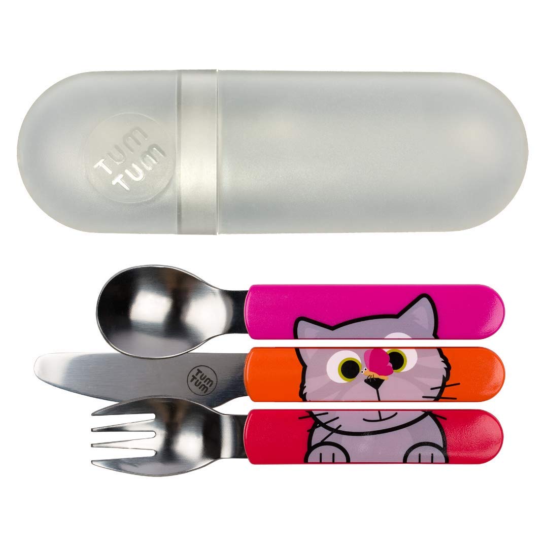 TUM TUM Toddler Cutlery Set with Travel Case, 3 Pcs Kids Cutlery Set Stainless Steel Includes 1 x Fork/Spoon/Knife, Kids Travel Cutlery Sets, BPA Free (Bluebell The Cat)