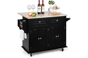 VOWNER 43" W Kitchen Island with Drop Leaf, Rolling Kitchen Island with Drawers, Portable Island Kitchen with Storage, Butcher Block Kitchen Cart with Spice Rack & Towel Rack (Black)