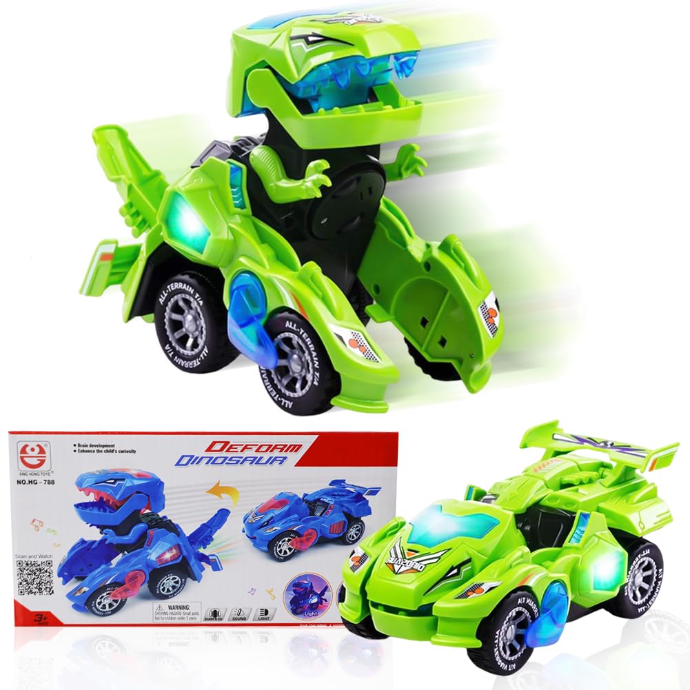 WFKKMEQ Dinosaur Transforming Car, Dinosaur Car with Flashing Lights and Sound Electric Transfor Cars Dino Vehicles Gifts for Birthday, Halloween, Christmas(Green) 14 years and over