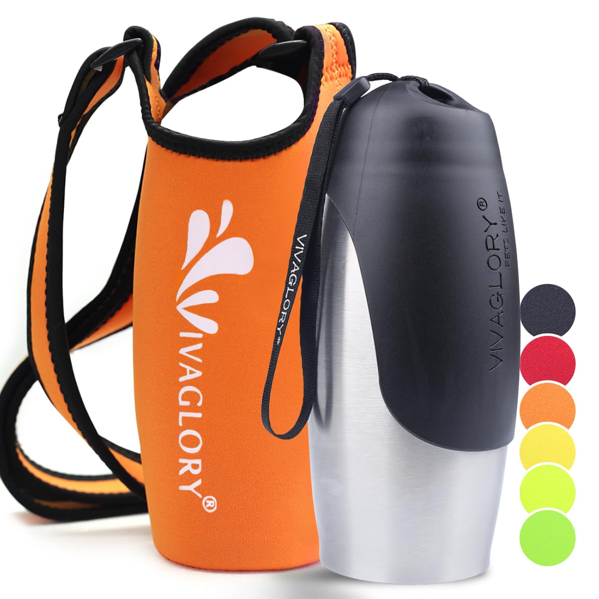 VIVAGLORY Dog Water Bottle & Bottle Holder With Strap Combo for Travel & Walking, Carrier With Adjustable Shoulder Strap, Portable & Stainless Steel for Pet Puppy, 750ml, Orange