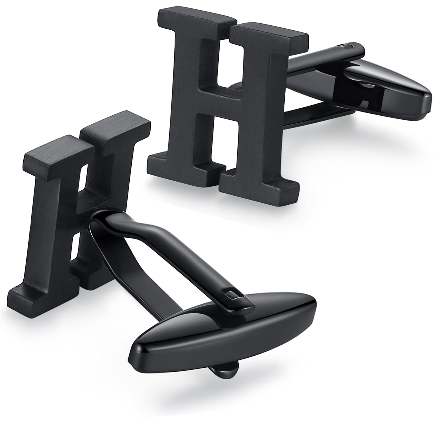 HONEY BEAR Mens Initial Alphabet Letter Silver White Steel Wedding Formal Business Cufflinks (H-Black)