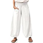TARSE Womens Linen Palazzo Pants Summer Fall Boho High Waisted Baggy Loose Casual Beach Travel Vacation Clothes with Pockets, White, S