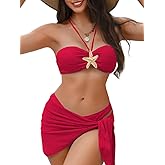EHSUYAB Sexy Womens Starfish 3 Pcs Bikini, Textured Halter Swimsuit Cover Up Skirt, Bathing Suit Beach Outfits Red Small