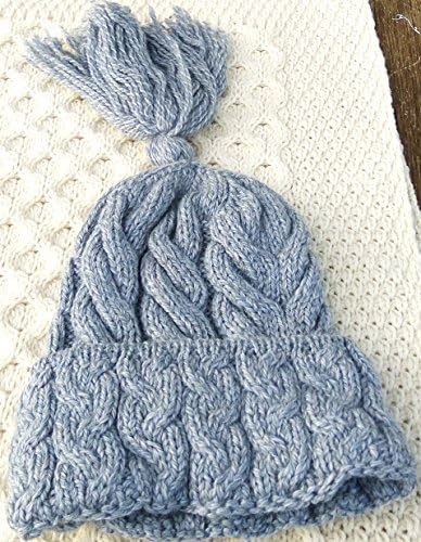 Pale blue cable knitted aran hat with tassle 100% pure Irish wool