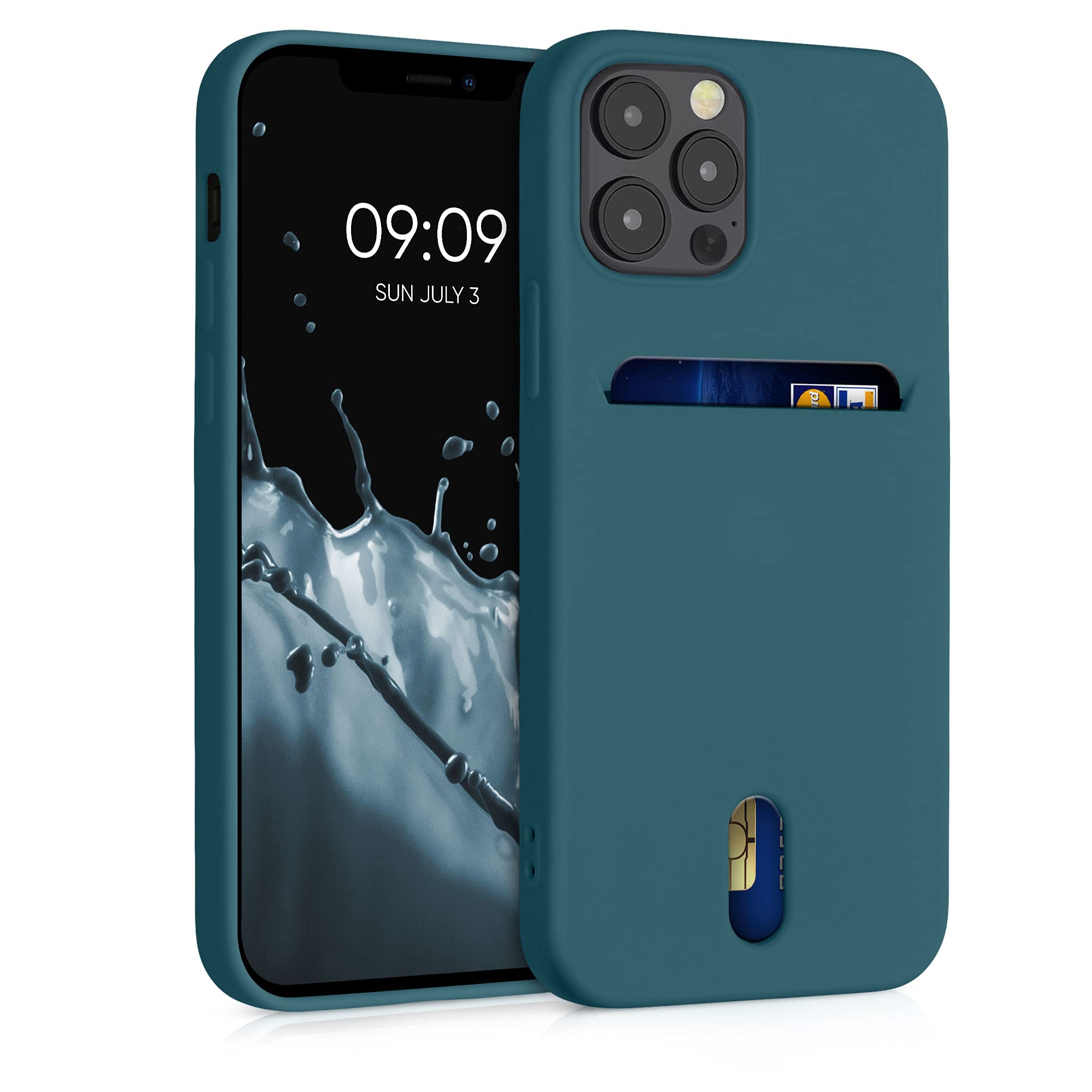 kwmobile Case Compatible with Apple iPhone 12 / iPhone 12 Pro - Soft TPU Phone Cover with Card Holder and Silicone Finish - Teal Matte