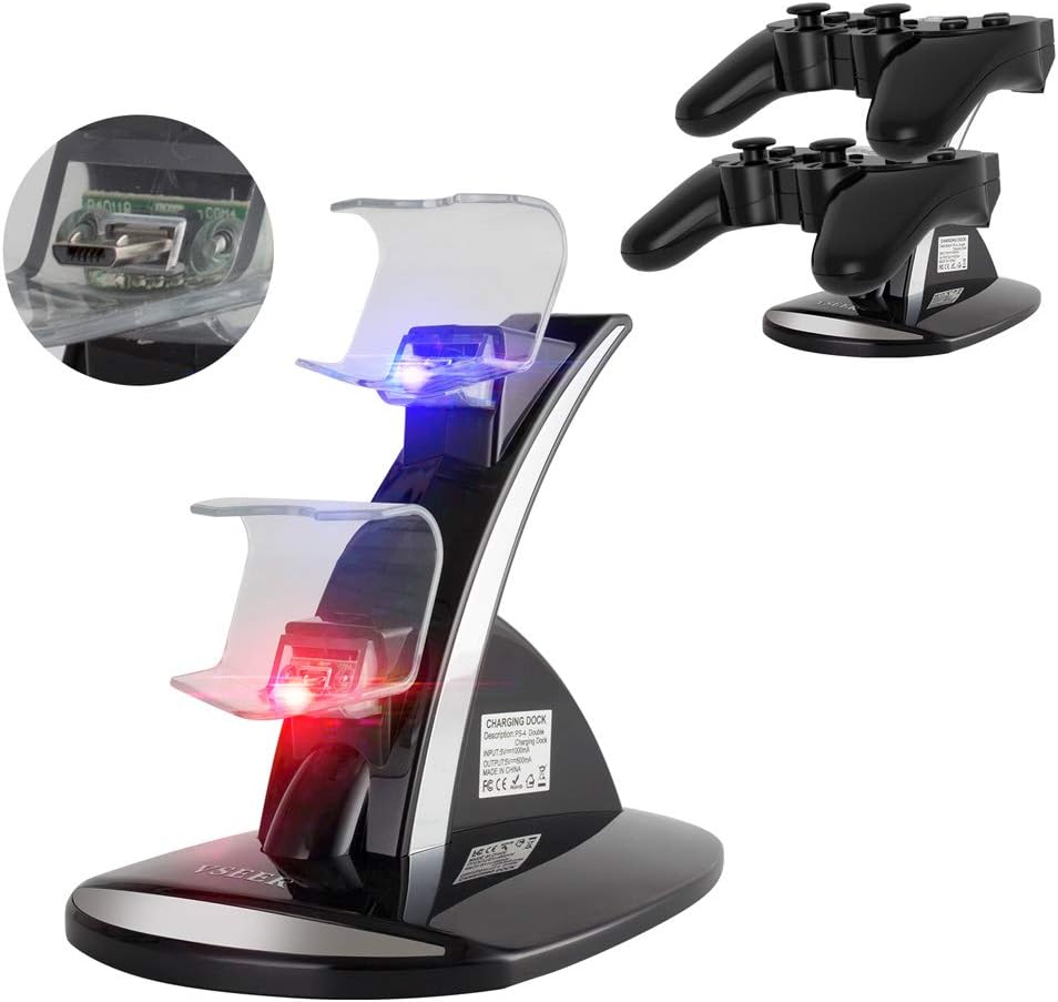 PS4 Controller Charger,VSEER DualShock 4 Dual USB Charging Charger Docking Station Stand for Sony Playstation 4 PS4 / PS4 Pro / PS4 Slim Controller - Black