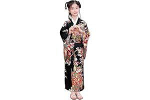 Kids Kimono for Girls - Flower Print Silk Geisha Costume with Bow, Japanese Yukata for Cosplay Halloween, Size 150