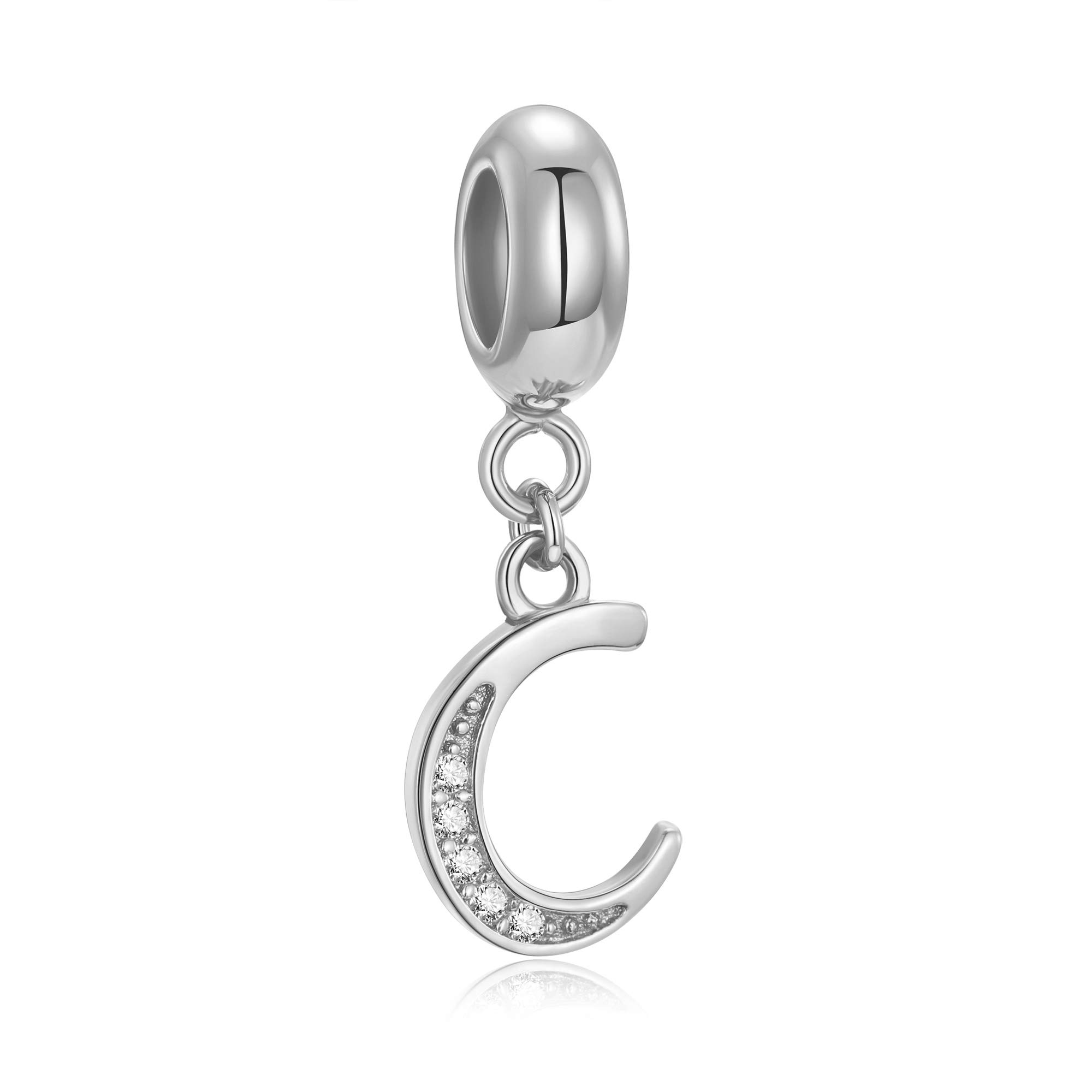 Genuine 925 Sterling Silver Letter Beads Initial A-z Dangle Alphabet Crystal Charm Fits European Bracelet Necklace (Letter C)