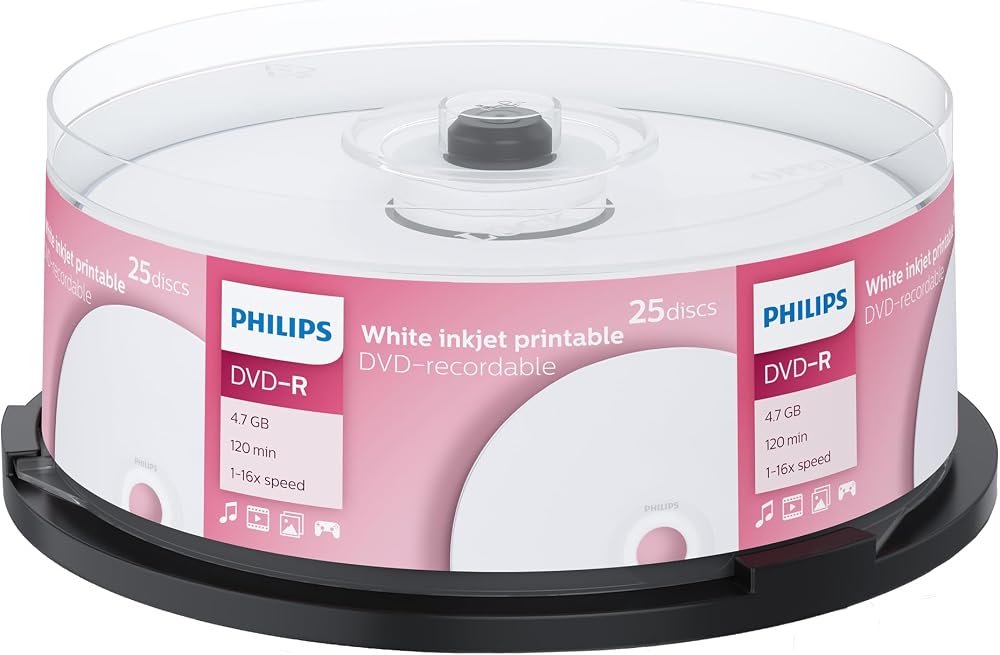 Philips DVD-R 4.7GB 16x Inkjet Printable Spindle 25 Blank Disc