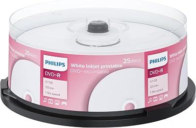 Philips DVD-R 4.7GB 16x Inkjet Printable Spindle 25 Blank Disc