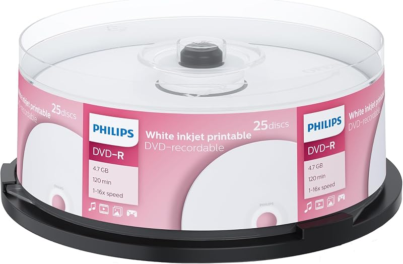 Philips DVD-R 4.7GB 16x Inkjet Printable Spindle 25 Blank Disc