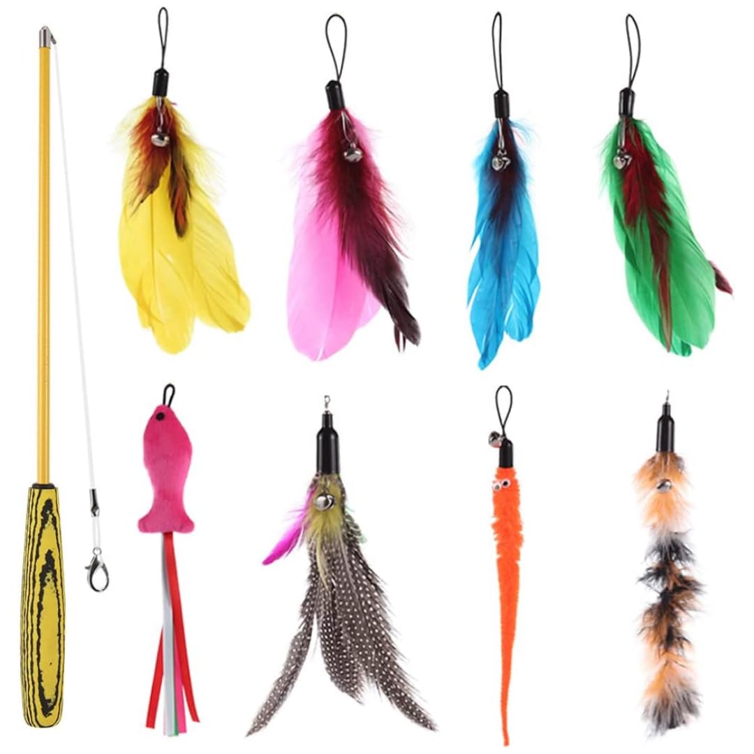 GrassVillage Cat Toys – Retractable Teaser Wand with 8 Refills & 2 Spare Hooks – Interactive Toy for Indoor Cats & Kittens – Fun Exercise, Hunting Play & Bonding Activity