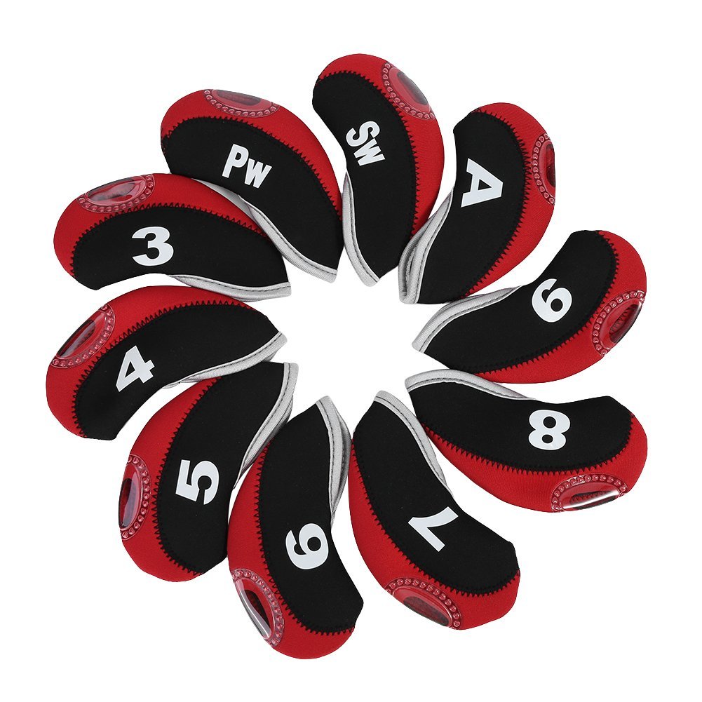 Alomejor 10pcs/Set Iron Head Covers with Zipper Number Print Putter Set Protector Case Waterproof Club Iron Head Covers 3 Colors(Black and Red)